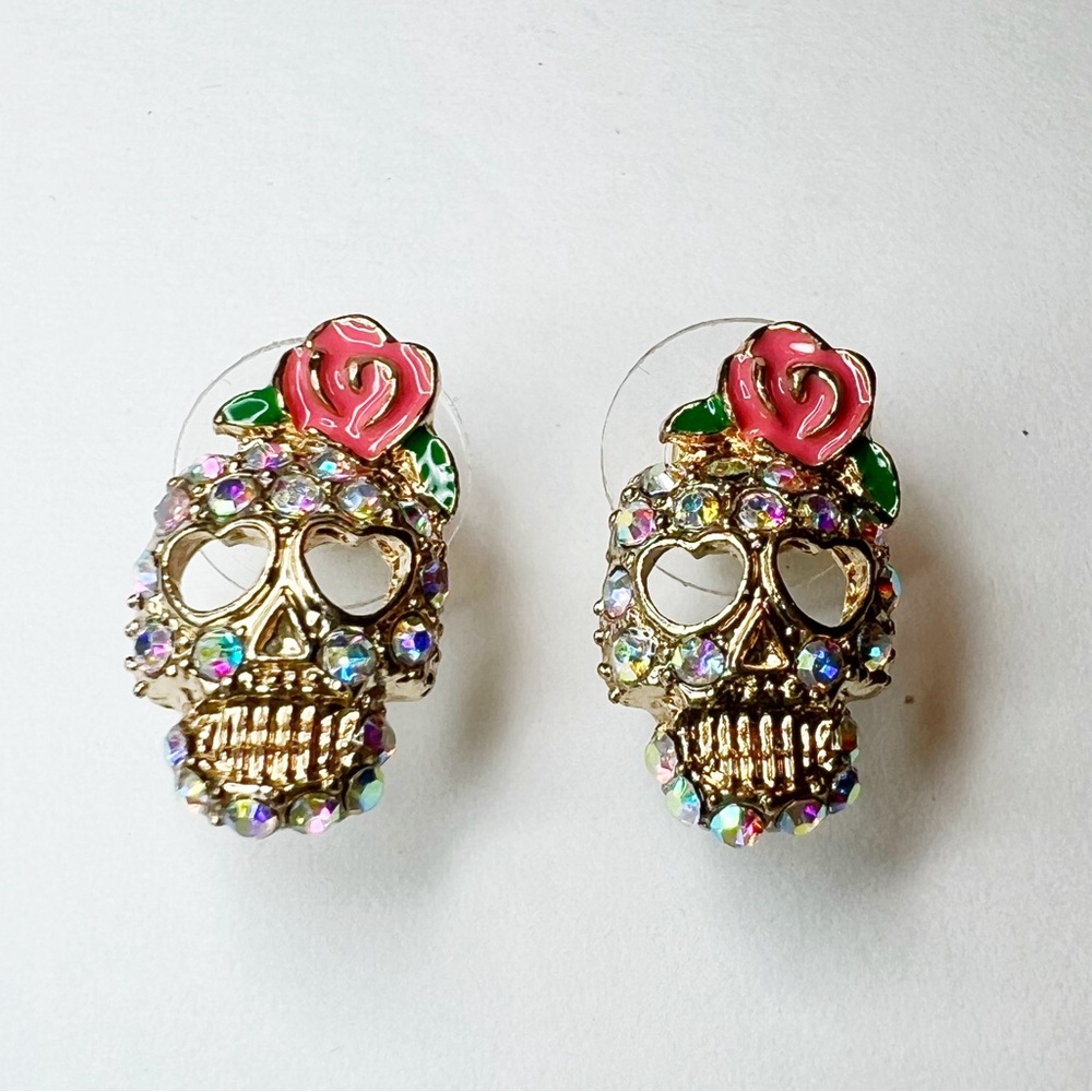 SUGAR SKULL & Roses Rhinestone Earrings Day of the Dead Dia de Los Muertos Studs